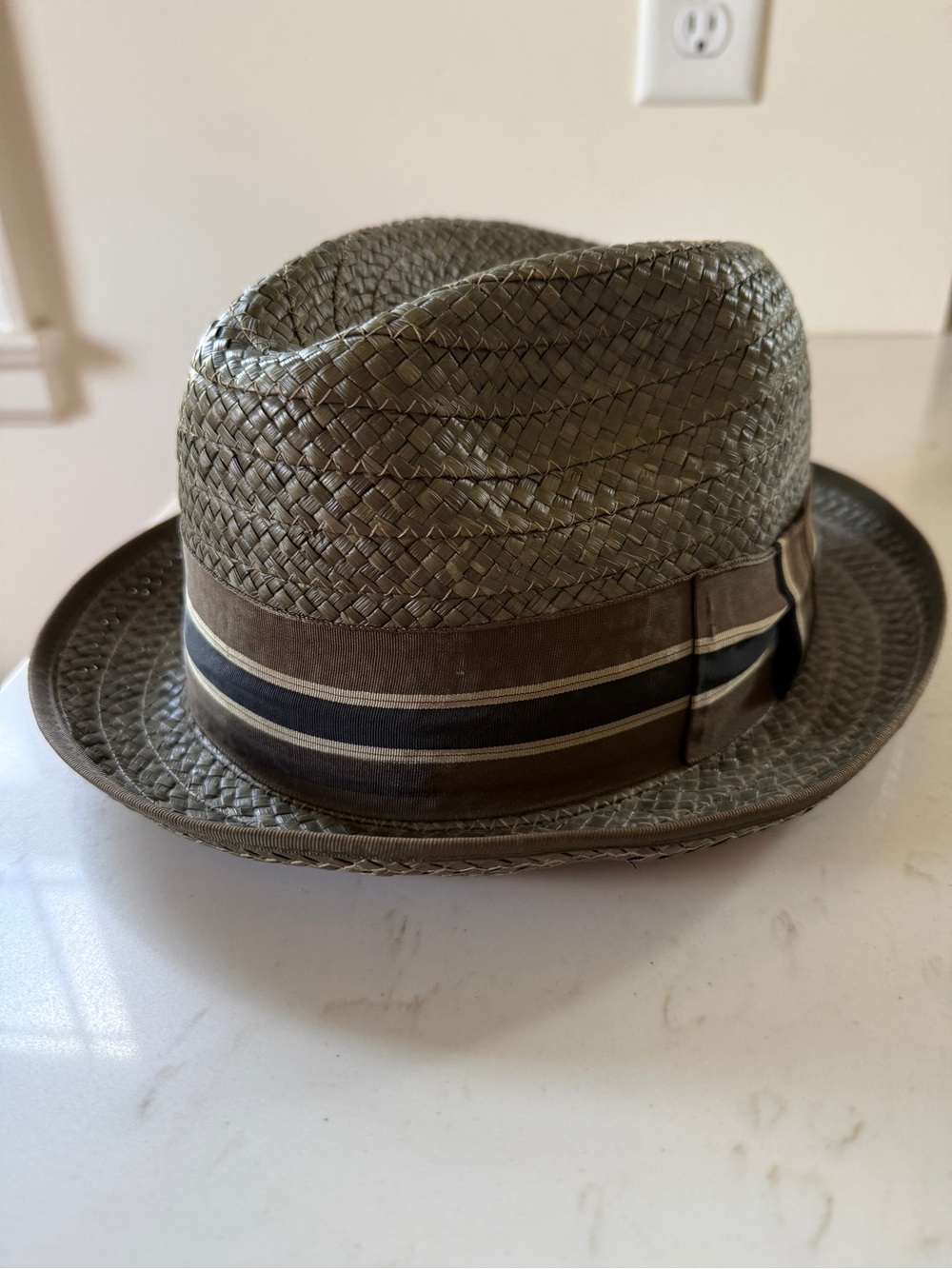 Vintage Panapalm Woven Straw Panama Hat with Striped Band - Olive